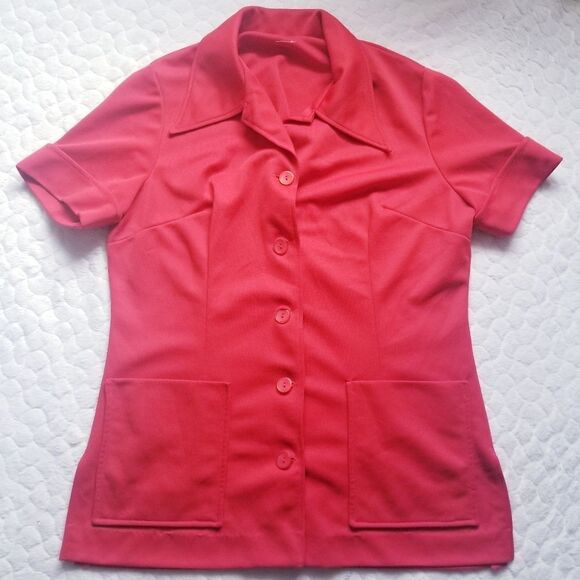 Vintage 70s button down shirt blouse red pockets - Picture 1 of 8